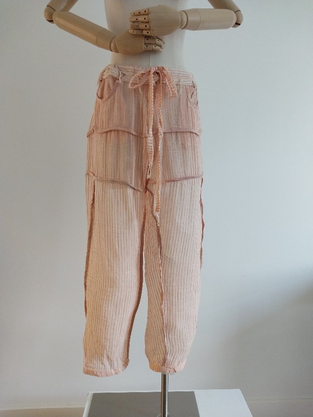 Pink and Cream Raw Silk Drawstring Pants